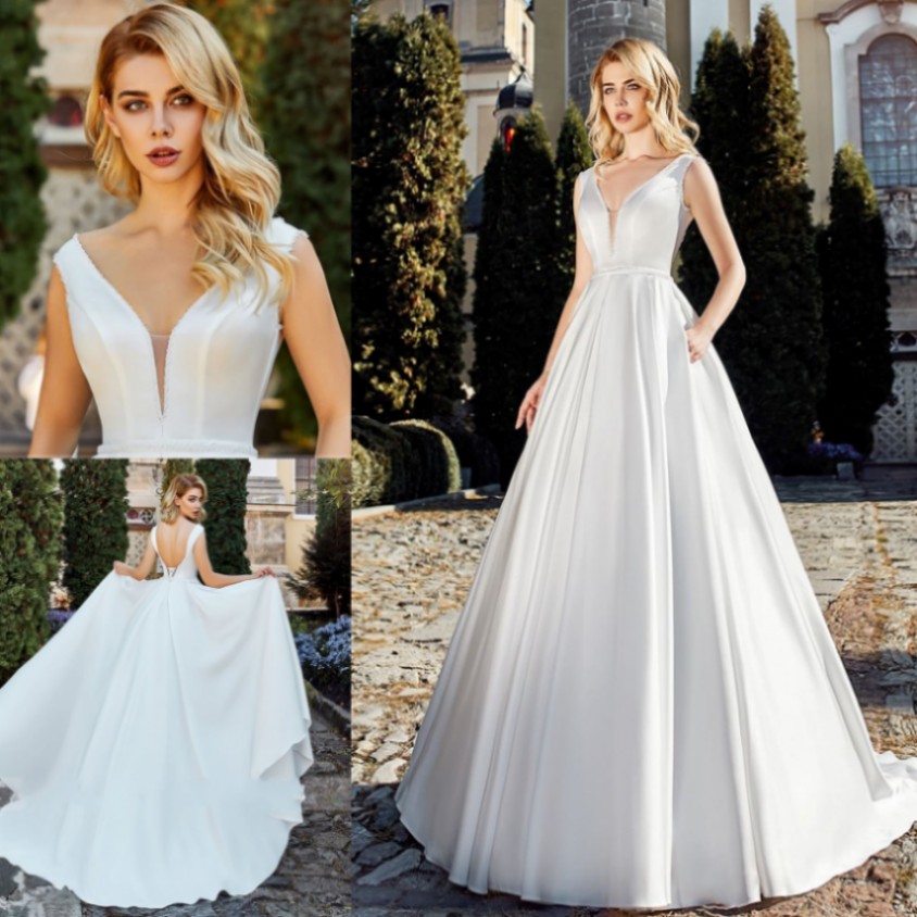 Sexy Backless V Neck Matte Satin A Line Wedding Dresses 2020 Lace Up Beaded Sashes Sweep Train Vintage Bridal Gowns vestidos de mariee