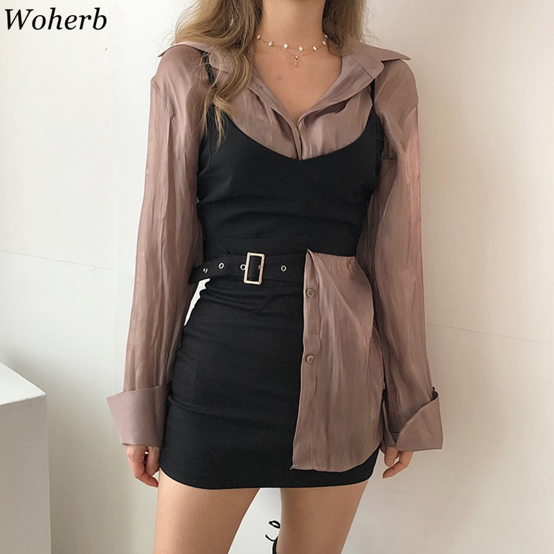 Woherb Korean Vintage Long Sleeve Blouse Women Casual Solid Shirt 2020 New Modis Spring Summer Tops Vest Bandage Blusas CX200711