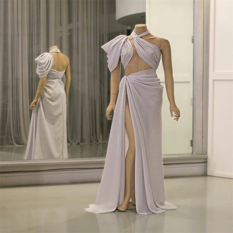 Sexy Illusion High-split Evening Dresses Lavender Halter Sheer Body Prom Dress Ruched Satin Sweep Train Custom Made Formal Evening Gowns