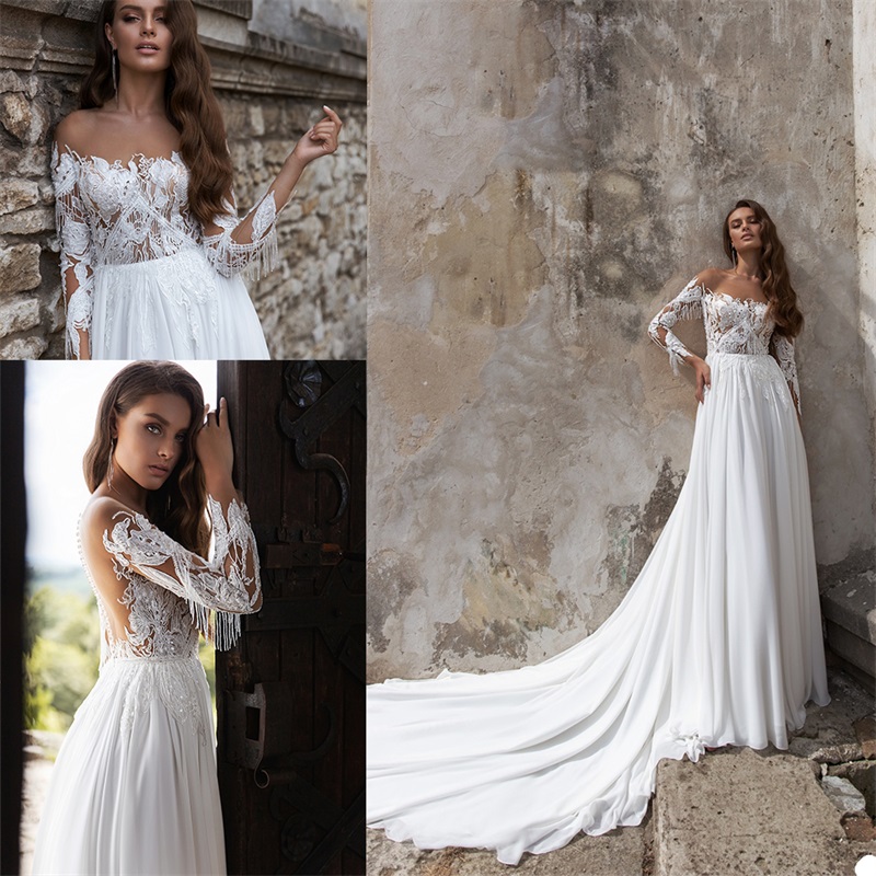 elegant long sleeves aline wedding dresses custom made lace tassel appliqued bridal gown hot sale bateau court train boho bridal gown