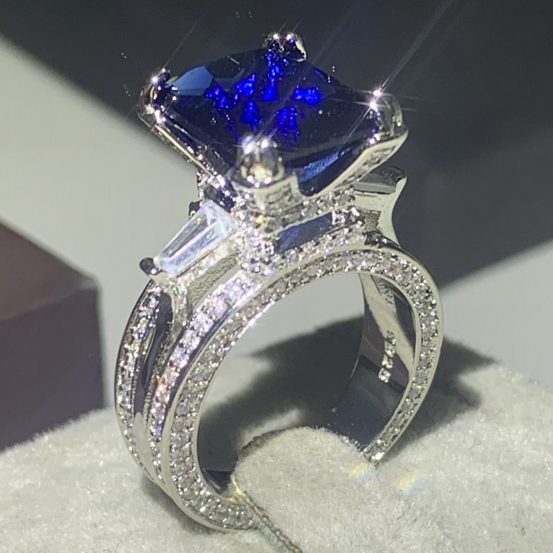 2020 New Arrival Unique Luxury Jewelry Real 925 Sterling Silver Princess Cut Blue Sapphire CZ Diamond Eiffel Tower Women Wedding Band Ring