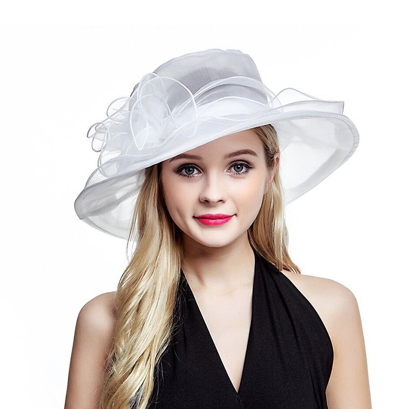 Lawliet White Summer Hats for Women Ladies Organza Wide Brim Sun Kentucky Derby Wedding Church Party Floral Hat Cap A002 Y200619