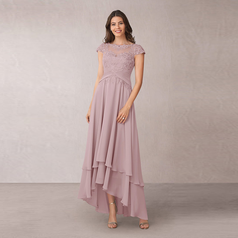 Latest Charming Rose High Low Chiffon Lace Mother of the Bride Dresses Short Sleeve Boat Neck Wedding Party Gowns Applique Pleat