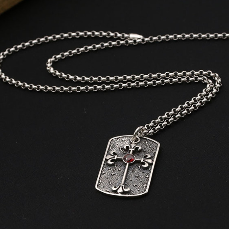 Punk style 925 sterling silver handmade designer jewelry American European antique silver cross pendants with red stone for men women