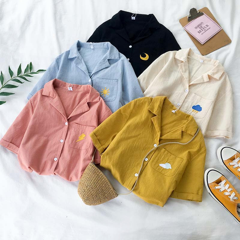 Loose casual suit collar weather embroidered cotton and linen short-sleeved shirt, Black
Loose casual suit collar weather embroidered cotton and linen short-sleeved shirt, Black