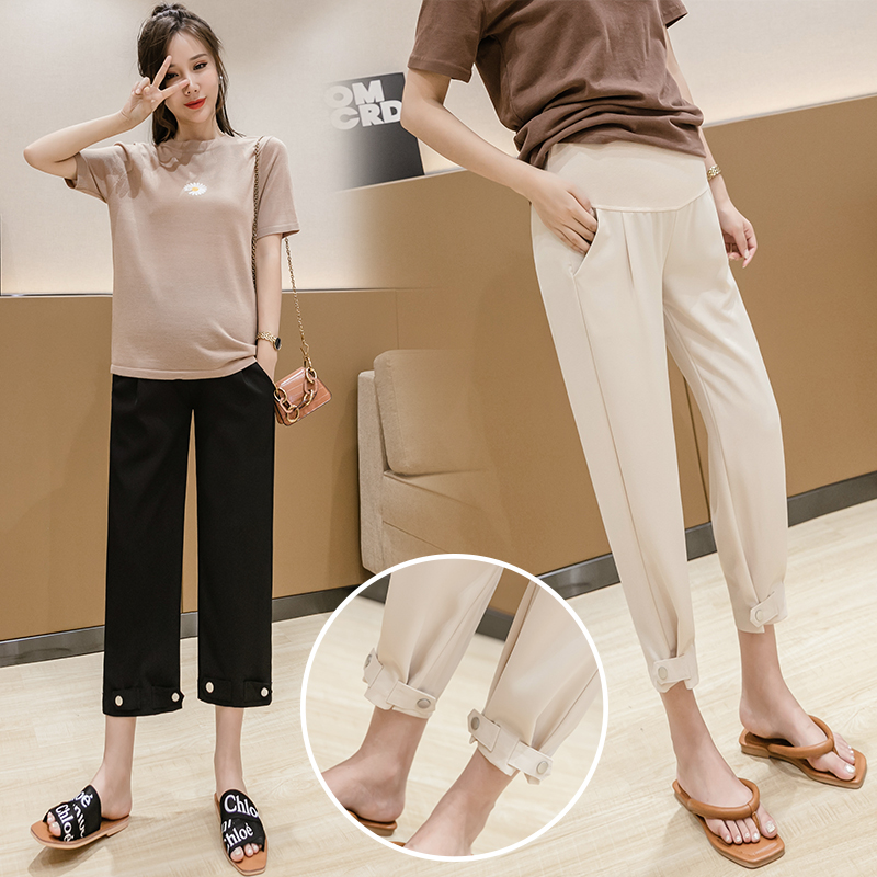 1226# Maternity Pants Summer Leisure Ninth Pants Solid Color High Waist Adjustable Elastic Waist Belly Support, Beige 
1226# Maternity Pants Summer Leisure Ninth Pants Solid Color High Waist Adjustable Elastic Waist Belly Support, Beige