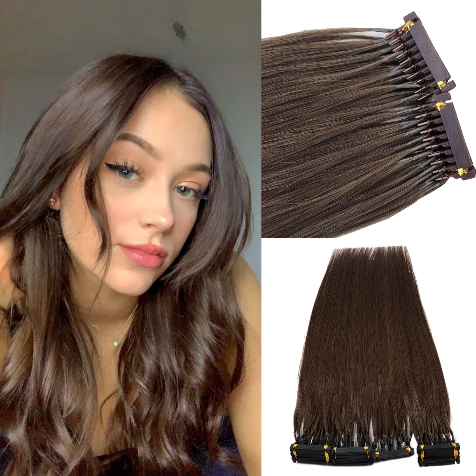 100% Real Human 6D Hair Chotolate Brown Color Slik Straight 6D Hair Extensions 100G 10Strands /Row