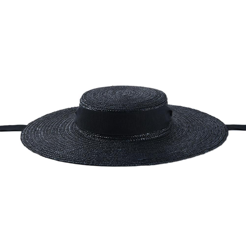 Wide Brim Boater Hat 10cm 15cm Brim Straw Hat Flat White Black Ribbon Tie Sun Hat Beach Cap For Women In Summer Sunshade Cap New Y200619