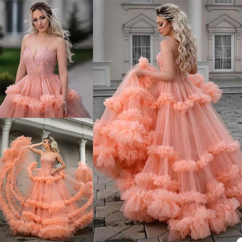 Spaghetti Strap Evening Dresses Appliqued Sequins Pageant Gown Sleeveless Tiered Tulle Custom Made Sweep Train Pink Prom Dress