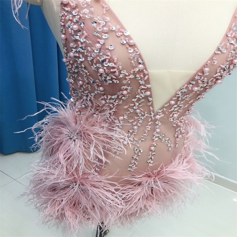 Sexy Backless Pink Short Evening Dresses Custom Made Sheath Beaded Appliqued Lace Feather Prom Dress Ruched Spaghetti Strap Pageant Gown