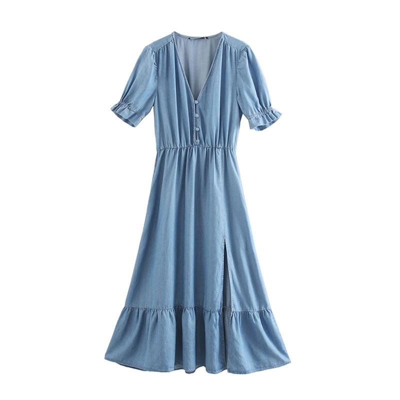 New V-neck Short Sleeve Short Slim Dress Hollow Sky Silk Jeans Blue Retro Open Fork Dress in Early Autumn of, Sky blue
New V-neck Short Sleeve Short Slim Dress Hollow Sky Silk Jeans Blue Retro Open Fork Dress in Early Autumn of, Sky blue