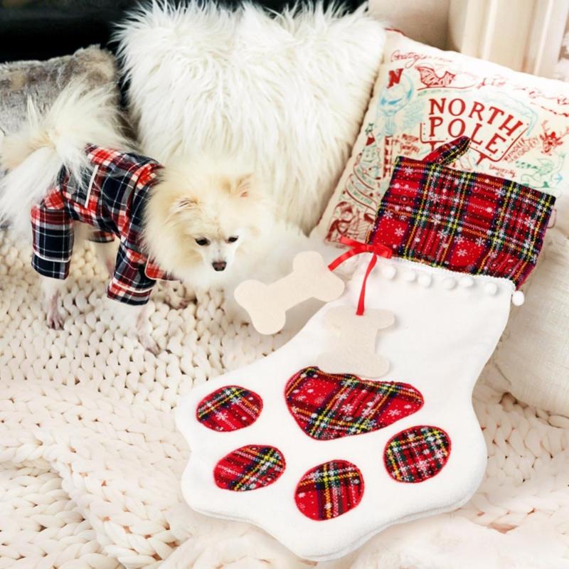 Christmas Stockings Gift Bag Decor for New Year 2020 Plaid Christmas Gift Bags Pet Stocking Socks Xmas Tree Hanging Pendant
