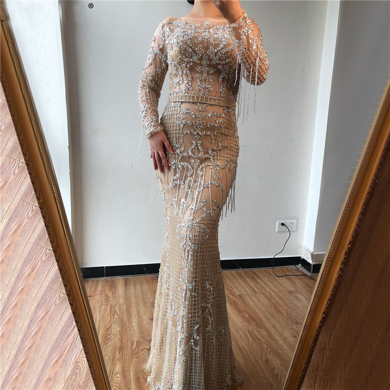 2020 Luxury Champagne Evening Dresses Long Sleeves Glitter Sequins Beads Mermaid Pageant Gown Newest Ruched Custom Made Long Prom Dress