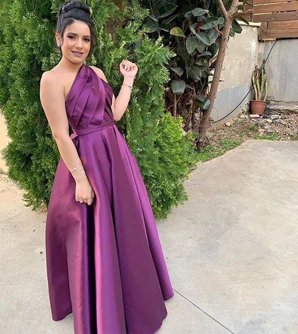 One Shoudler Evening Dresses With Split Sleeveless Zipper Back Arabic Formal Prom Party Gowns Pockets Floor Length