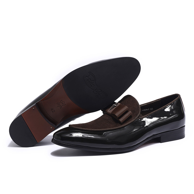 Handmade Genuine Patent Leather And Nubuck Leather Patchwork With Bow Tie Men Wedding Black Dress Shoes Men's Banquet Loafers CX200731