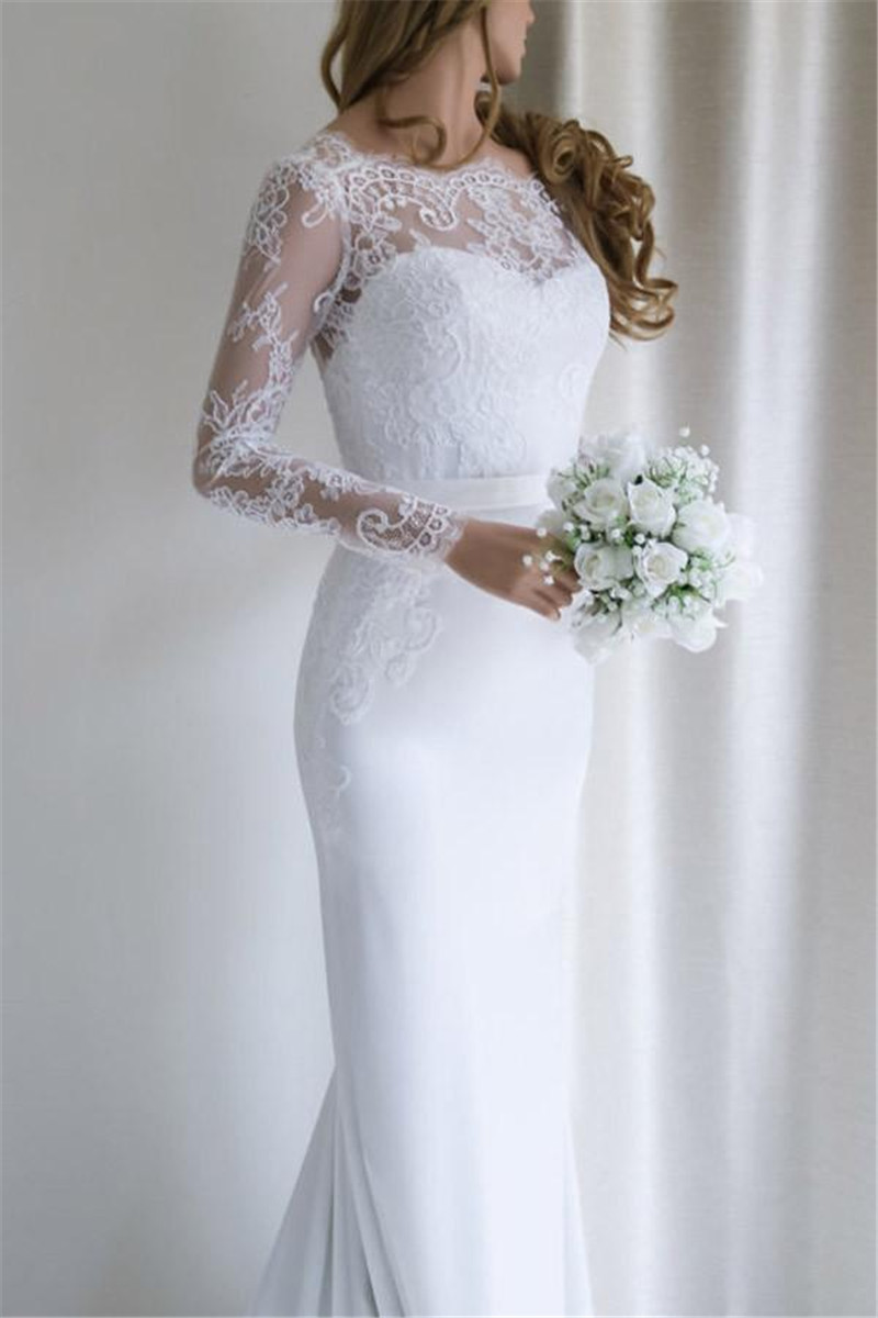 Sexy Backless Mermaid Wedding Dress 2021 Satin and Lace Long Sleeve Wedding Bridal Gowns with Belts Brush Train vestido de noiva