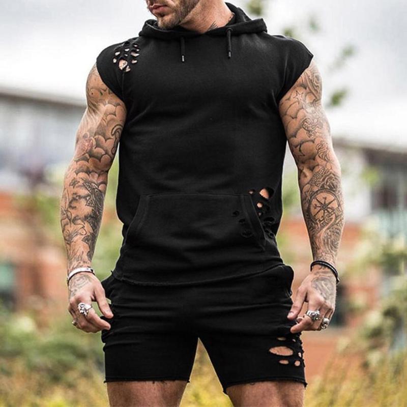 Men's Casual Tracksuit Sports Suit Fitness Hole Sport Hooded Vest Tops Elastic Short Pants Two Piece Sets Jogging Sport Wear, Black
Men's Casual Tracksuit Sports Suit Fitness Hole Sport Hooded Vest Tops Elastic Short Pants Two Piece Sets Jogging Sport Wear, Black