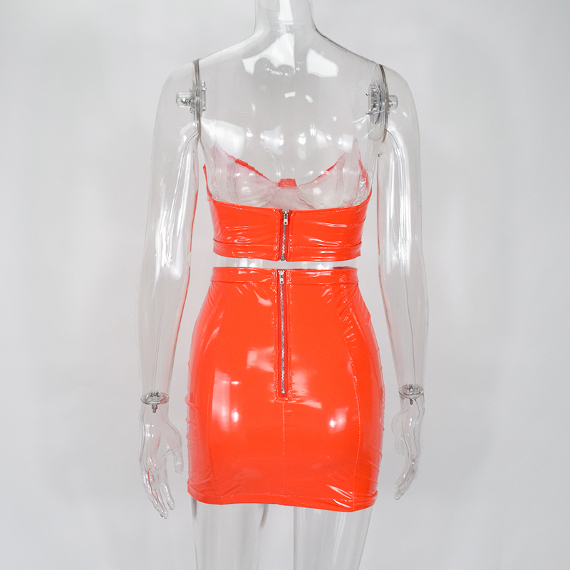 Colysmo Sexy Neon Two Piece Set PU Leather 2 Piece Set Women Transparent Straps Backless Crop Top Skirt Set Club Outfits Clothes T200113