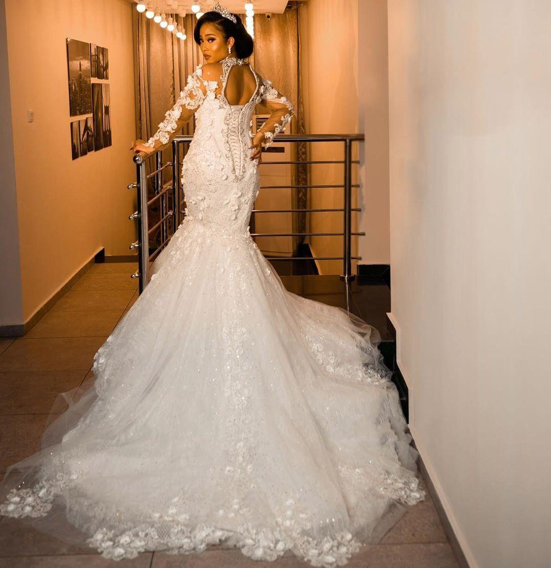 Plus Size 3D Floral Wedding Dresses with Long Sleeve 2021 High Neck Lace-up Crystal Lace African Nigerian Bride Gown vestidos