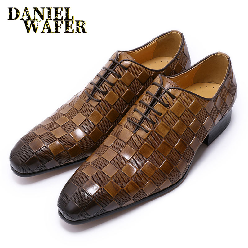 LUXURY ITALIAN LEATHER SHOES MEN NEW FASHION PLAID PRINTS LACE UP BLACK BROWN WEDDING OFFICE SHOES FORMAL OXFORD SHOES FOR MEN CX200731
