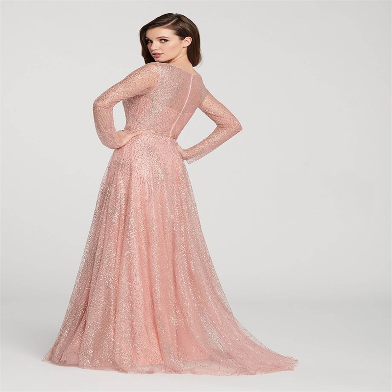 newest glitter sequins pink aline women prom dress bling jewel long sleeves evening dress anklelength party dress hot sale