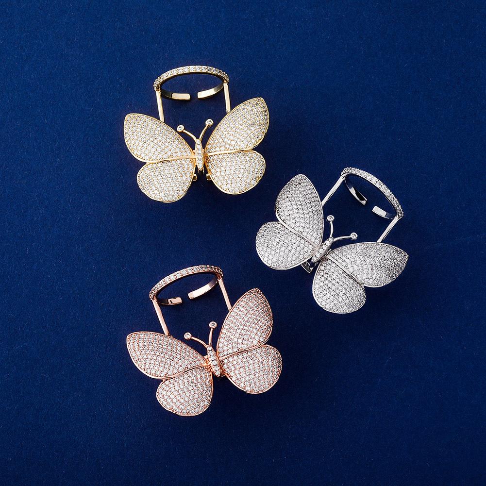 Full Diamond Butterfly Womens Rings Open Cuff Rose Gold Bling Cz Zirconia Stones Finger Band Designer Luxury Jewelry Valentines Day Gift for Girlfrien
