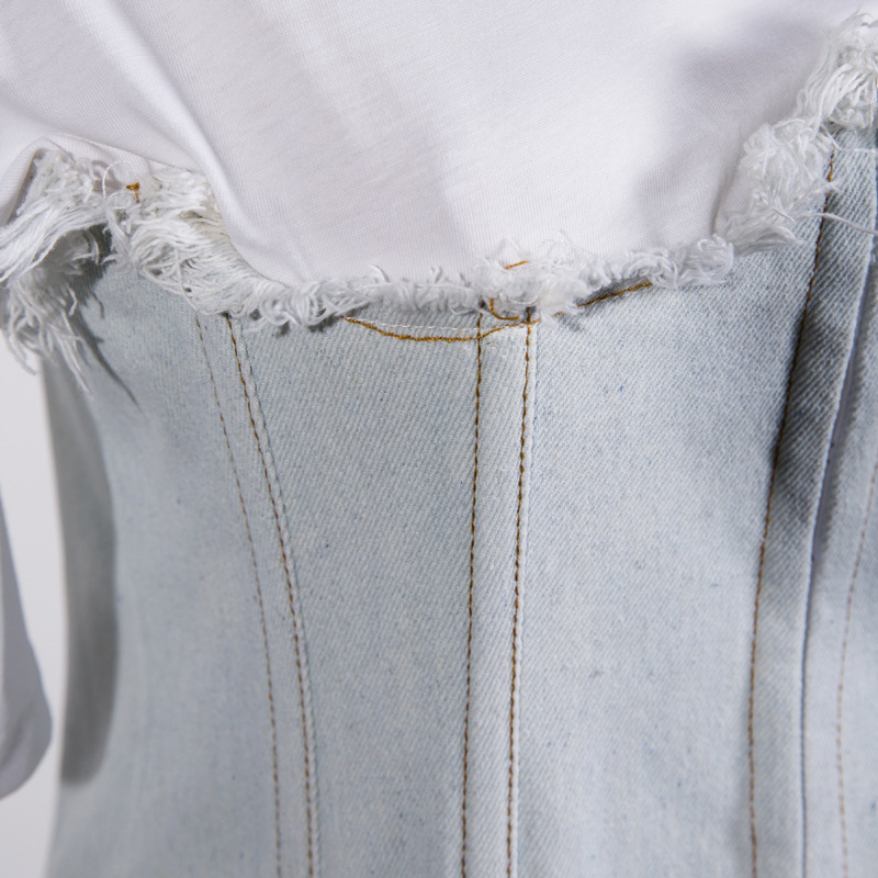 GetSpring Women T Shirt White Cotton Tshirt Corsets Denim Tee Shirts Spliced Short Sleeve Top Slim Women Tops Tee Tops T200110