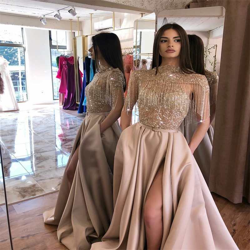 Gorgeous Golden Evening Dresses Bling Sequins Beading Ruched Satin Prom Dress High-neck Side-split Custom Made Formal Long Evening Gown