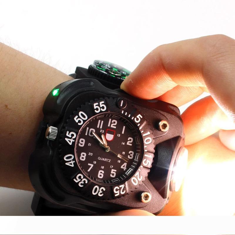 3in1 Super Bright Led Watch Flashlight Torch lights Compass Outdoor Sports Mens Fashion Waterproof Rechargeable Wrist Watch Lamp