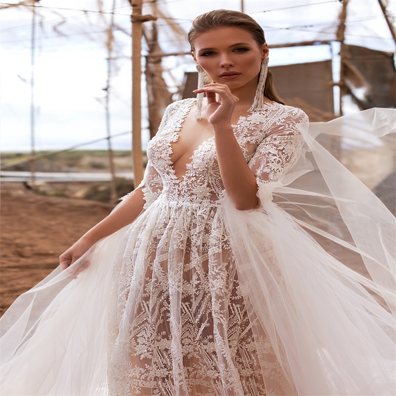 Elegant Custom Made Wedding Dresses With Detachable Sleeves V Neck Full Lace Ruched Tulle Bridal Gown Hollow Back Court Train Bridal Dress