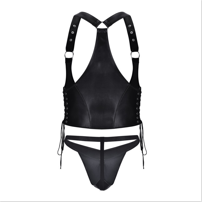 Men Sexy Faux Leather Night Club Costumes Erotic Lingerie Set Gay Fetish Underwear Male Sex Game Flirt Clothes T200716