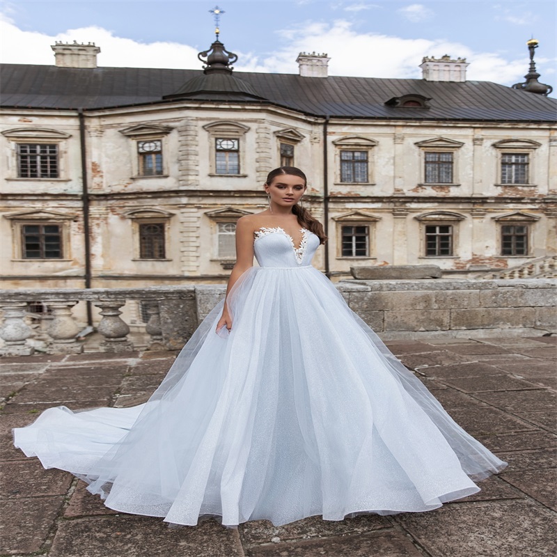 light sky blue bling aline wedding dresses illusion custom made backless appliqued sequins bridal gown sweep train boho bridal gown