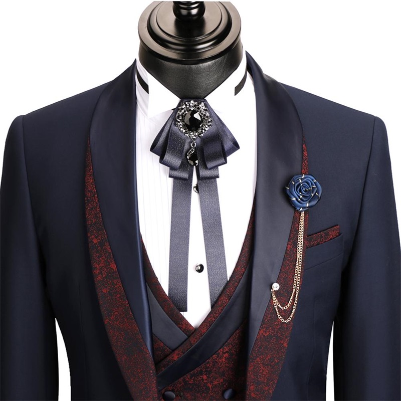 Newest 3-piece Wedding Tuxedos Party Fit Formal Business For Best Man Suits Navy Printed Peaked Lapel Blazer Suit