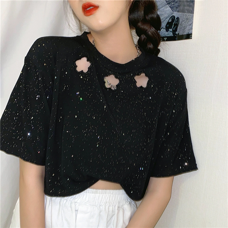 New Summer Tees Women Fashion Bright Beads T-shirt Cute Star Embroidery T-shirt Harajuku Cutout Loose Short Sleeve Tops, Black
New Summer Tees Women Fashion Bright Beads T-shirt Cute Star Embroidery T-shirt Harajuku Cutout Loose Short Sleeve Tops, Black