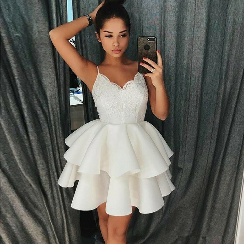 little White Dress A-Line Spaghetti Straps Homecoming Prom Dresses with Appliques Tiered Skirts Ruffles Skirt Cocktail Dress