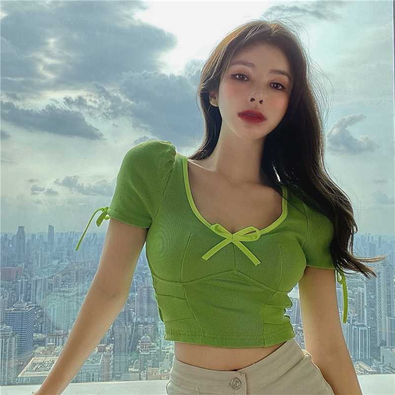 bow slim lace up crop Top Korean Fashion sexy club solid Low-cut T Shirt Women summer short sleeve ropa mujer verano tees ins, Green
bow slim lace up crop Top Korean Fashion sexy club solid Low-cut T Shirt Women summer short sleeve ropa mujer verano tees ins, Green