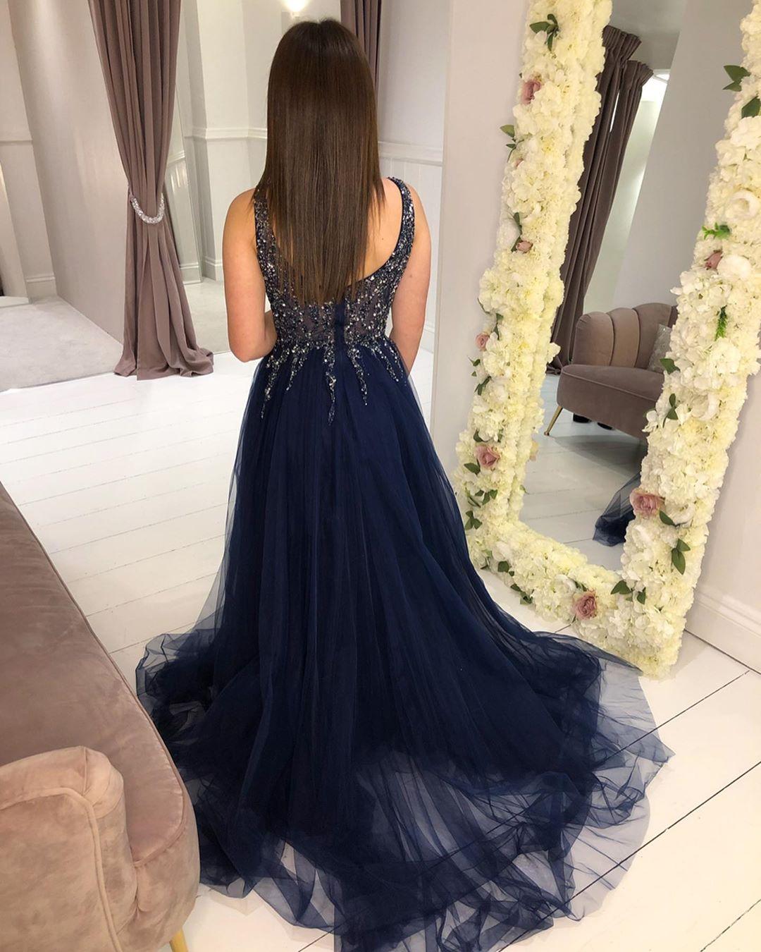 Sparkly Crystal A-line Prom Dress Navy Blue Evening Dresses Long 2021 Elegant Tulle Party Formal Gowns vestido de festa