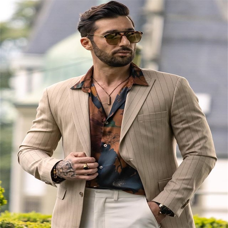 custom made 2piece khaki stripes coatwhite pant wedding tuxedos men suits peaked lapel fit business prom party blazer suits