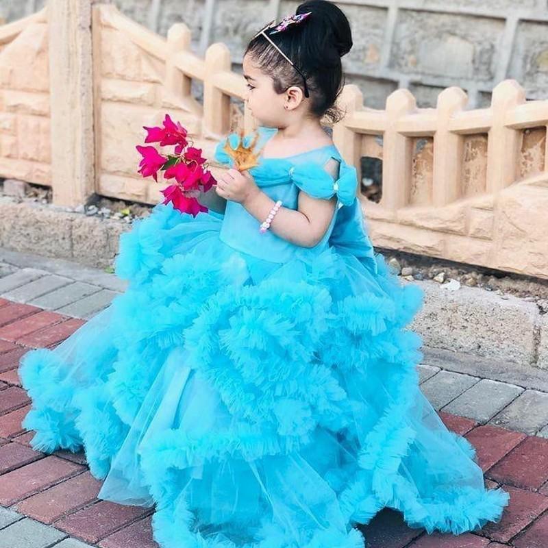 Blue Flower Girls Dresses Puffy Tiered Ruffles Toddler Girls Adorable Kids Birthday First Holy Communion Dresses For Wedding