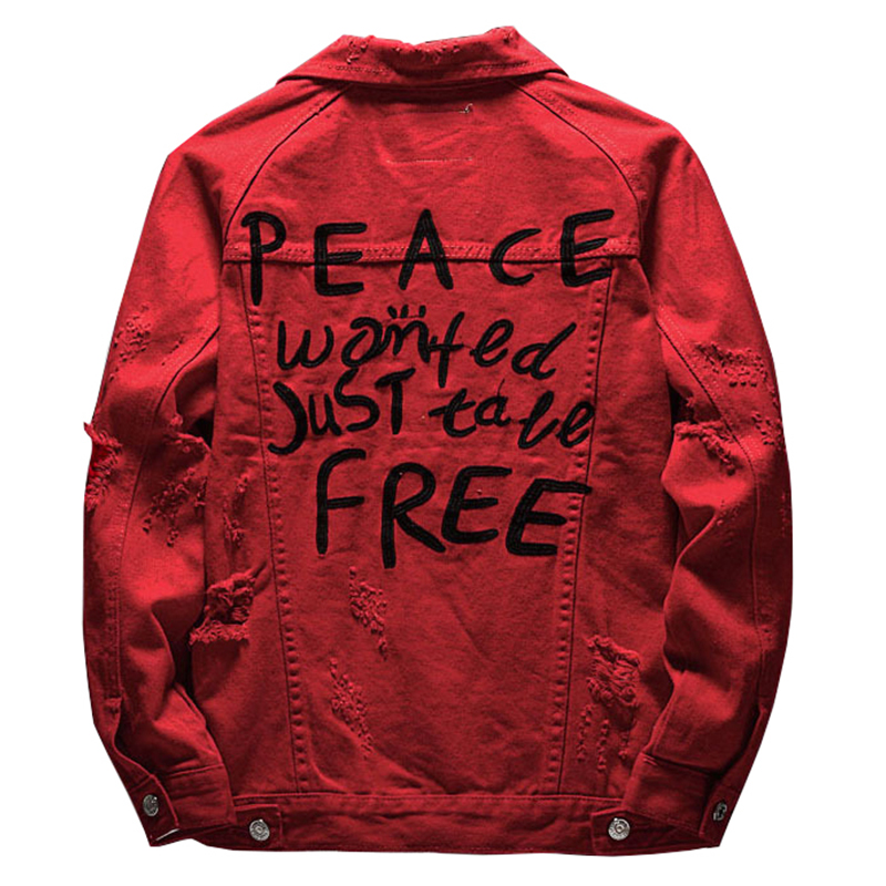 Sokotoo Men's letters embroidered red jean jacket Holes ripped denim coat Outerwear
Sokotoo Men's letters embroidered red jean jacket Holes ripped denim coat Outerwear