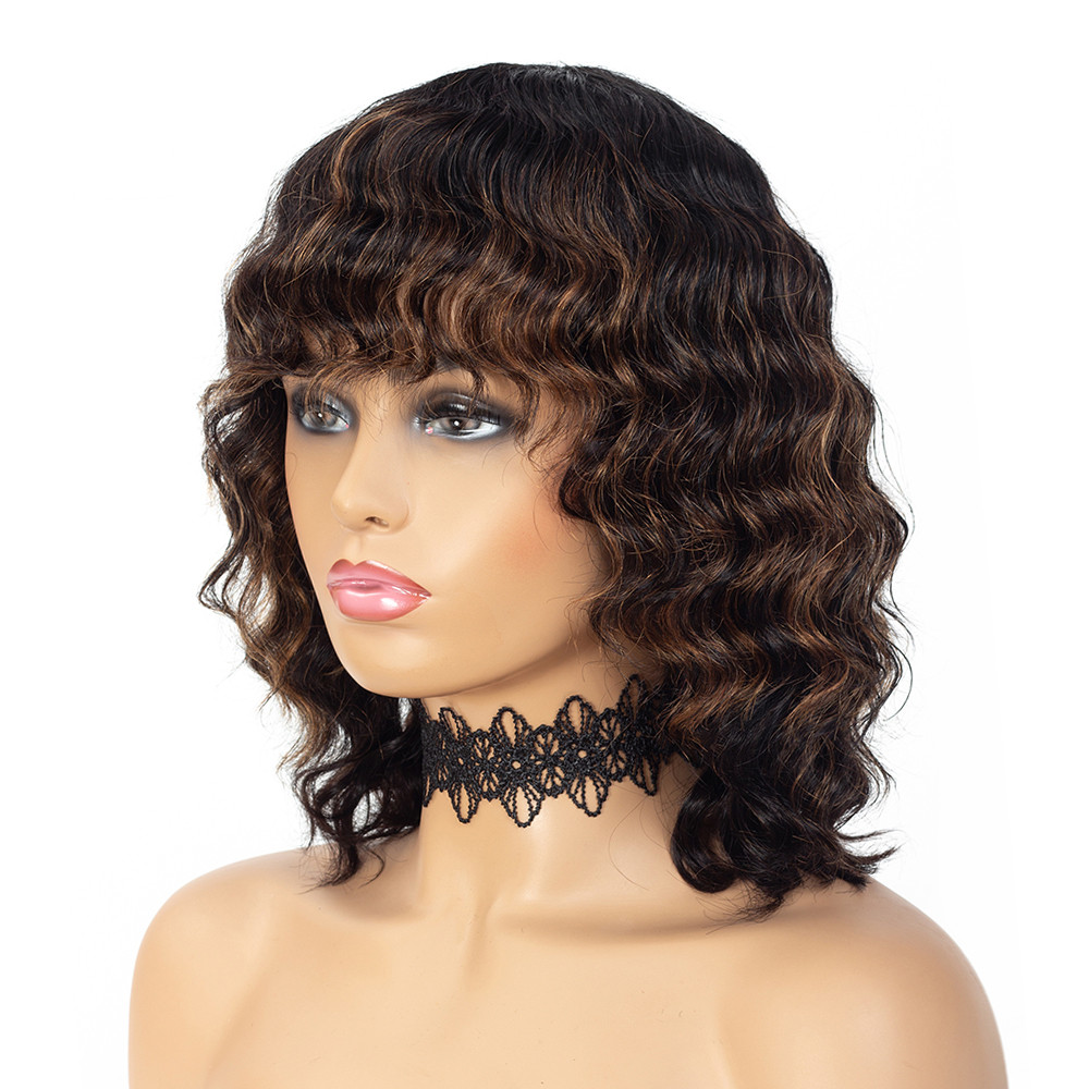 Ishow Brazilian 4/27 Ombre Deep Wave Human Hair Wigs with Bangs Peruvian Deep Curly None Lace Wigs Indian Malaysian for Black Women