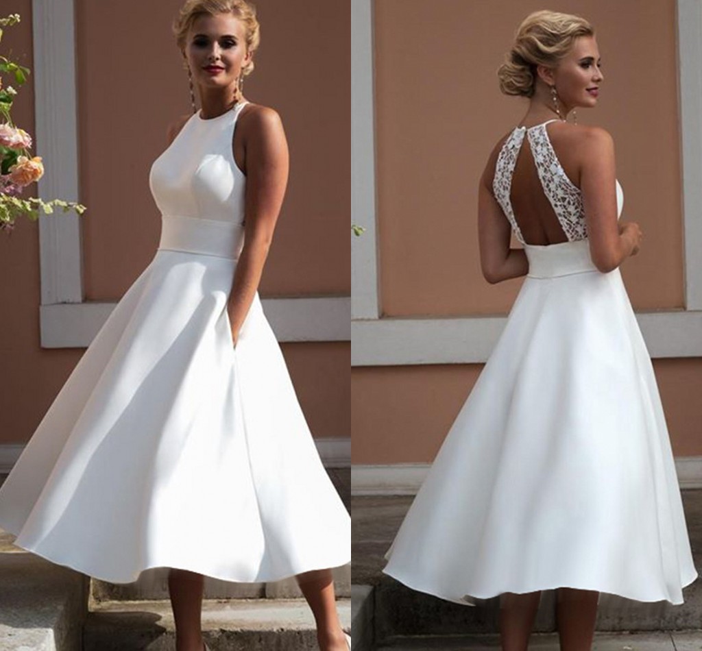 Hot Sale Sumemr Beach Lace Satin Short Wedding Dress 2020 Boho Chic Backless Knee Length Wedding Dresses Bridal Gowns robe de mariage