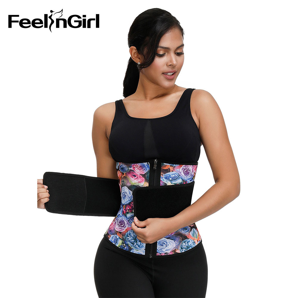 FeelinGirl Women 100% Latex Waist Trainer Fashion Rose Print Slimming Belt Tummy Control Body Shapers Underbust Waist Cincher CX200729
