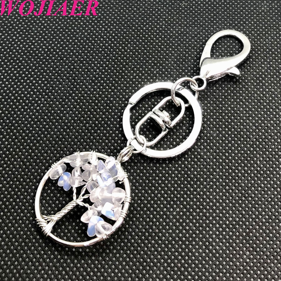 WOJIAER Natural Stone Clear Crystal Keychains Ring Key Handmade Holder Round Tree of Life for Women Car Bags Accessories BW911