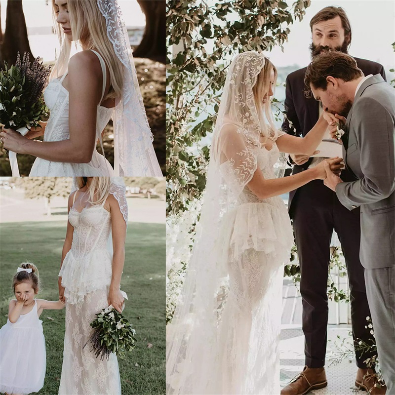Bohemia Wedding Dresses Boho Sexy Spaghetti Strap Appliqued Lace Tiered Bridal Gowns Elegant Custom Made Sleeveless Beach Wedding Dress