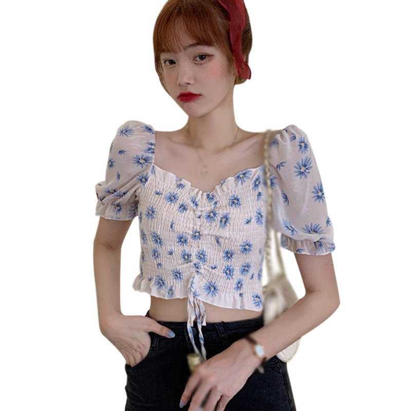 Sexy Boho Floral Print Chiffon Blouse Square Collar Sweet Pleated Short Casaul Shirts Summer Elastic Cropped Tops Lady Girls, L1
Sexy Boho Floral Print Chiffon Blouse Square Collar Sweet Pleated Short Casaul Shirts Summer Elastic Cropped Tops Lady Girls, L1