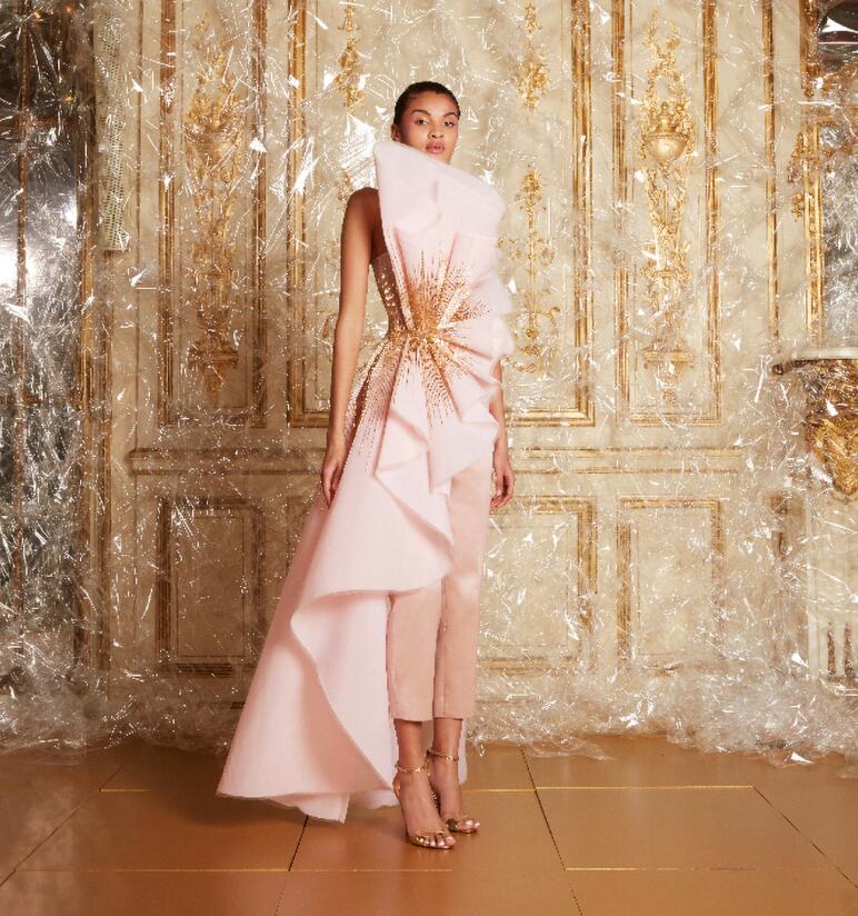 Light Pink Prom Pantsuit With Long Train Strapless Beaded Fashion Women Jumpsuit Party Gowns Custom Made Cheap Evening Dresses