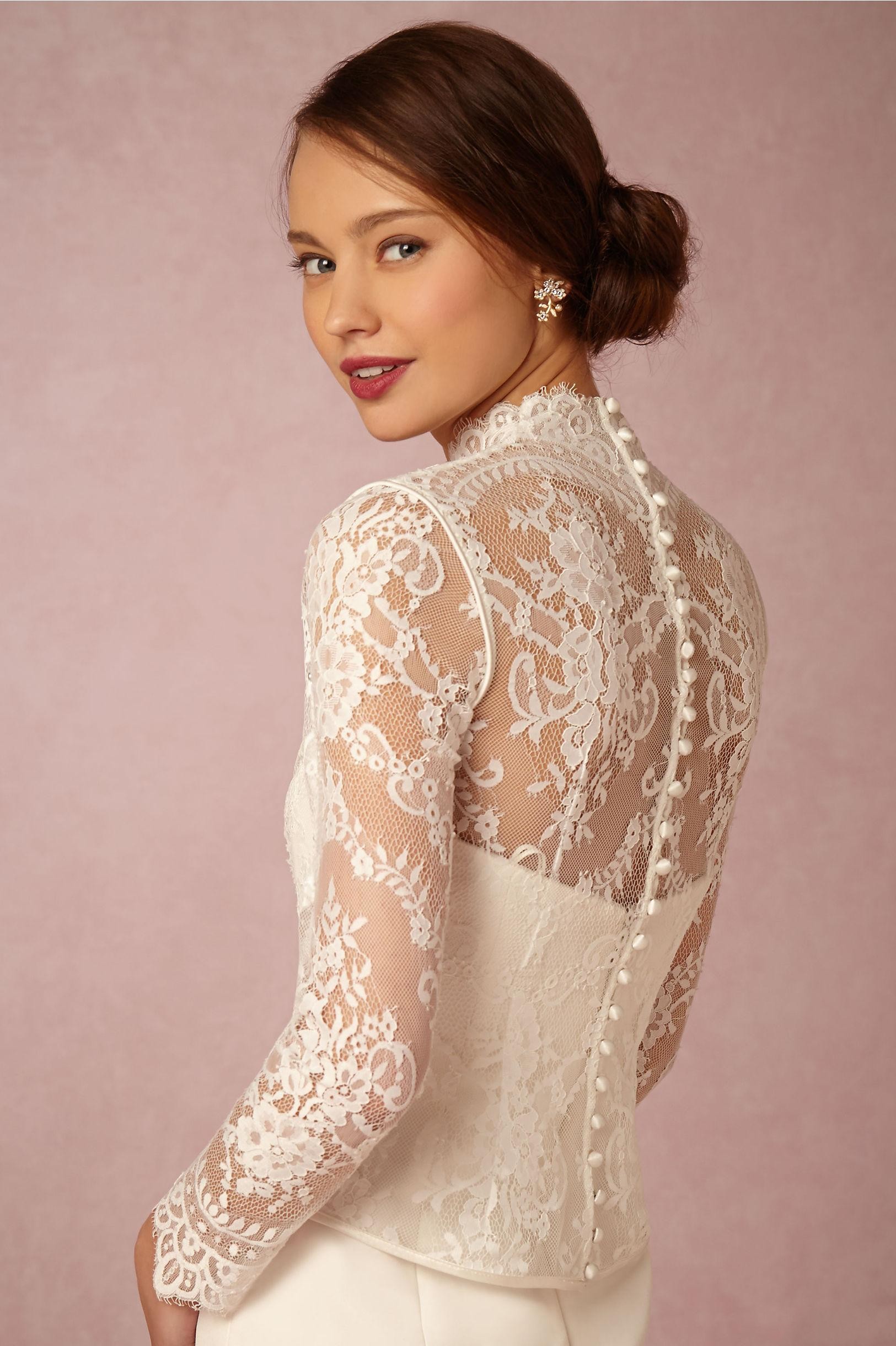 2020 High Neck Bridal Wraps Long Sleeves Wedding Lace Applique Jackets buttons Cheap Bridal Jacket Bolero Jacket Plus Size custom made