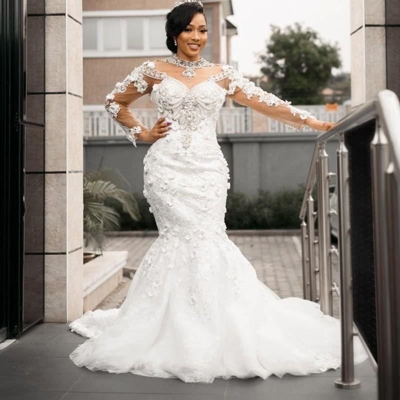 Plus Size 3D Floral Wedding Dresses with Long Sleeve 2021 High Neck Lace-up Crystal Lace African Nigerian Bride Gown vestidos