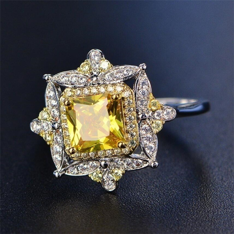 2020 New Arrival Hot Sale Unique Luxury Jewelry 925 Sterling Silver Princess Cut Yellow Topaz CZ Diamond Party Women Wedding Band Ring Gift